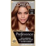 L'Oréal Paris Preference 5.3 Light Golden Brown – permanent hair dye offering vibrant, long-lasting light golden brown color with full gray coverage.