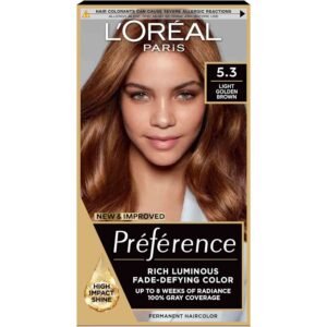 L'Oréal Paris Preference 5.3 Light Golden Brown – permanent hair dye offering vibrant, long-lasting light golden brown color with full gray coverage.