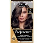 L'Oréal Paris Preference Hair Color 3 Dark Brown – permanent hair dye delivering rich, long-lasting dark brown color with 100% gray coverage.