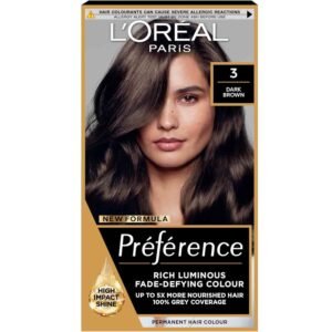 L'Oréal Paris Preference Hair Color 3 Dark Brown – permanent hair dye delivering rich, long-lasting dark brown color with 100% gray coverage.