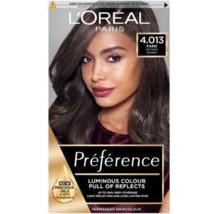 L'Oréal Paris Preference 4.013 Refined Brown – permanent hair dye delivering rich, luminous refined brown color with 100% gray coverage.