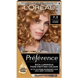 L'Oréal Paris Preference Hair Color 7.3 Golden Blonde – permanent hair dye delivering vibrant golden blonde color with 100% gray coverage and long-lasting shine.