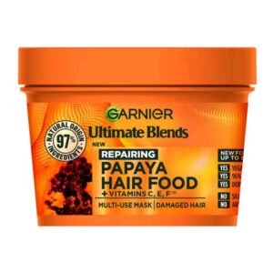 Garnier Ultimate Blends Hair Food Papaya 3-in-1 Damaged Hair Mask 400ml – nourishing hair treatment that repairs and strengthens damaged hair while leaving it soft and shiny.