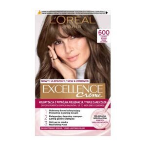 L'Oréal Paris Excellence Creme Hair Color 600 Dark Blonde – permanent hair dye with triple care formula for natural dark blonde color and full grey coverage.