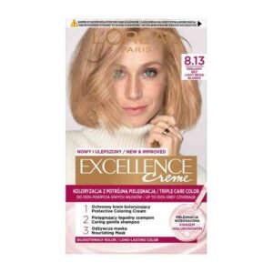 L'Oréal Paris Excellence Creme Hair Color 8.13 Pearl Beige – permanent hair dye with triple care formula for luminous pearl beige blonde color and full grey coverage.