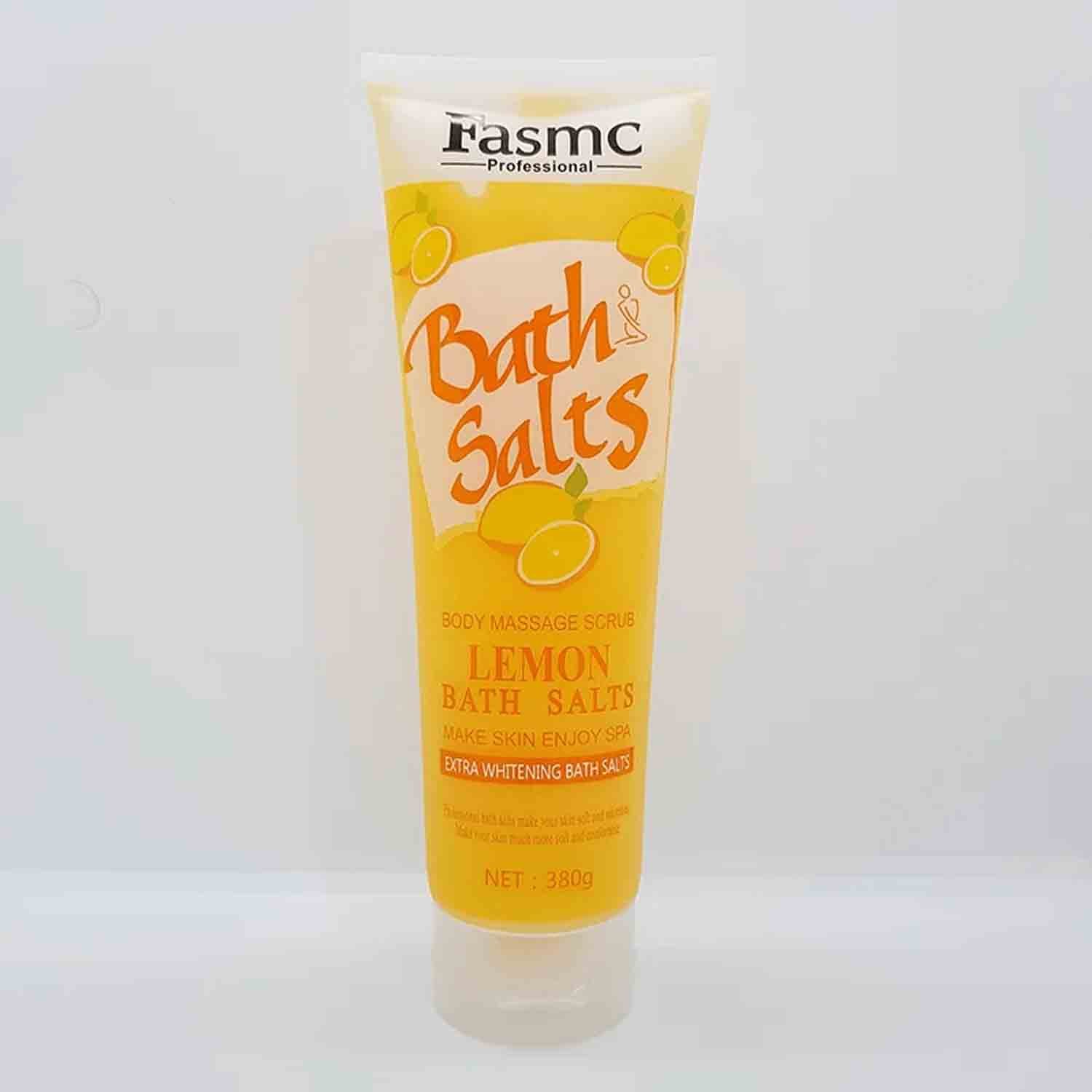 Fasmc Professional Lemon Bath Salts Body Massage Scrub with Extra Brightening Bath Salts – 380g Fasmc Professional Lemon Bath Salts Body Massage Scrub 380g – exfoliating lemon bath salt scrub that removes dead skin cells and brightens dull skin.
