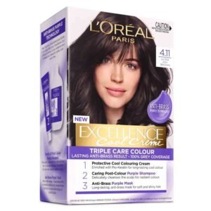 L'Oréal Excellence Cool Crème Permanent Hair Dye 4.11 Ultra Ash Brown – permanent hair color that provides cool-toned ash brown results while covering gray hair and protecting the hair during coloring.