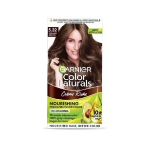 Garnier Color Naturals 5.32 Caramel Brown Hair Dye – nourishing permanent hair color enriched with natural oils that delivers warm caramel brown shade with grey coverage.