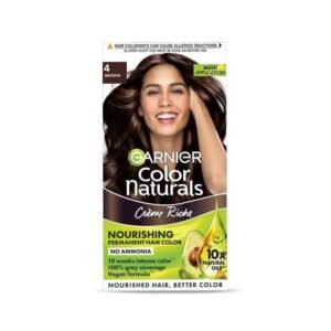 Garnier Color Naturals 4 Brown Hair Dye – nourishing permanent hair color enriched with natural oils that delivers rich natural brown shade with full grey coverage and silky shine.