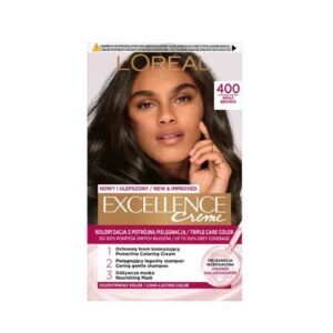L'Oréal Paris Excellence Permanent Hair Color 400 Brown – long-lasting hair dye for rich brown color, 100% grey coverage, and nourished, shiny hair.