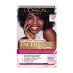 L'Oréal Paris Excellence Permanent Hair Color 100 Black – rich black hair dye for 100% grey coverage, long-lasting color, and smooth, shiny hair.