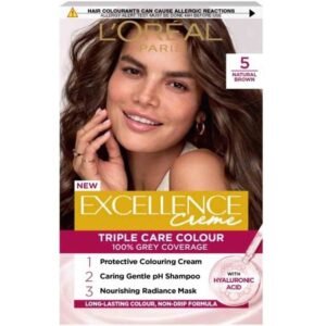 L'Oréal Paris Excellence Hair Color 5 Natural Brown – long-lasting natural brown hair dye with 100% grey coverage and smooth, shiny finish.