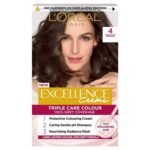 L'Oréal Paris Excellence Permanent Hair Color 4 Brown – rich brown hair dye for 100% grey coverage, long-lasting color, and smooth, shiny hair.