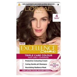 L'Oréal Paris Excellence Permanent Hair Color 4 Brown – rich brown hair dye for 100% grey coverage, long-lasting color, and smooth, shiny hair.