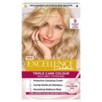 L'Oréal Paris Excellence Permanent Hair Color 9 Natural Light Blonde – long-lasting blonde hair dye with 100% grey coverage, natural shine, and smooth finish.