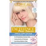 L'Oréal Paris Excellence Hair Color 03 Ultra Light Ash Blonde – cool-toned blonde hair dye with 100% grey coverage, anti-brass effect, and smooth, shiny finish.