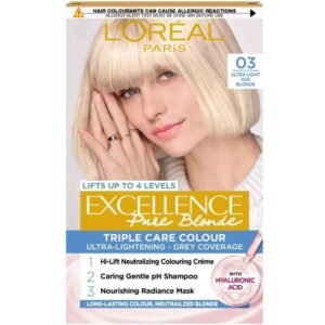 L'Oréal Paris Excellence Hair Color 03 Ultra Light Ash Blonde – cool-toned blonde hair dye with 100% grey coverage, anti-brass effect, and smooth, shiny finish.