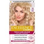 L'Oréal Paris Excellence Hair Color 10 Natural Baby Blonde – ultra-light blonde hair dye with 100% grey coverage, soft natural tone, and radiant shine.