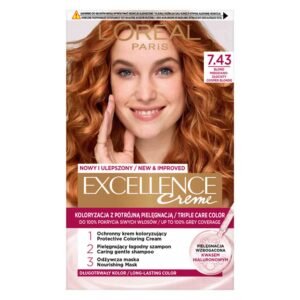 L'Oréal Paris Excellence Creme Hair Color 7.43 Copper Gold Blonde – permanent hair dye with triple care formula for vibrant copper-gold blonde color and 100% grey coverage.