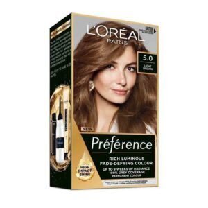 L’Oréal Paris Préférence 5.0 Light Brown permanent hair color – long-lasting fade-defying hair dye for rich, natural brown shade.