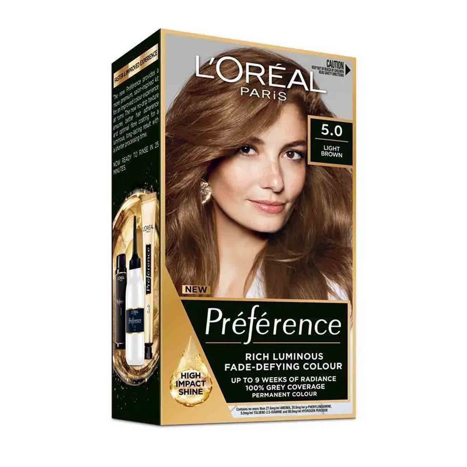 L’Oréal Paris Préférence Hair Color – 5.0 Light Brown L’Oréal Paris Préférence 5.0 Light Brown permanent hair color – long-lasting fade-defying hair dye for rich, natural brown shade.