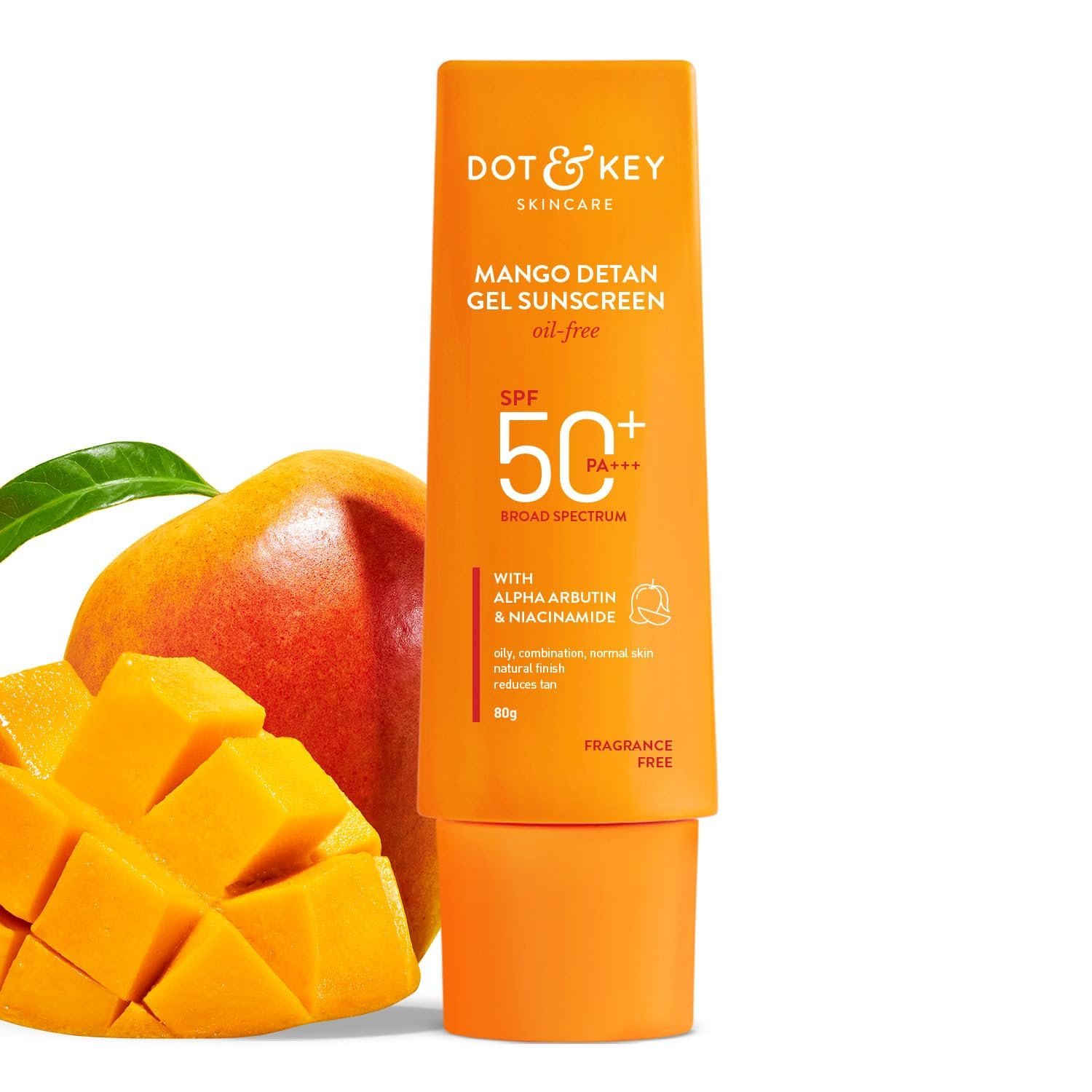 Dot & Key Mango Detan Gel Sunscreen SPF 50+ PA+++ – 80g Dot & Key Mango Detan Gel Sunscreen SPF 50+ PA+++ 80g – Oil-free gel sunscreen with niacinamide & alpha-arbutin that protects, brightens, and reduces tan.