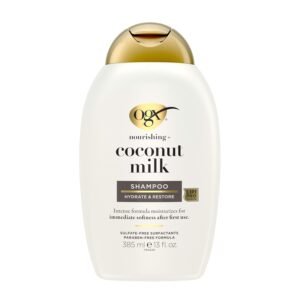 OGX Nourishing + Coconut Milk Moisturizing Shampoo 385ml – Hydrating shampoo with coconut milk that restores moisture, softness, and shine to dry and dehydrated hair.