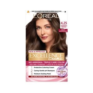 L'Oréal Paris Excellence Crème Hair Color 4.25 Aishwarya’s Brown – Rich radiant brown hair dye with Pro-Keratin for 100% grey coverage and long-lasting glossy color.