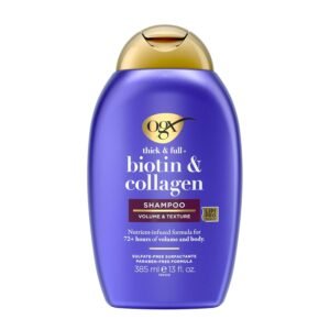 OGX Thick & Full + Biotin & Collagen Volumizing Shampoo 385ml – Nutrient-infused shampoo with Biotin and Collagen that boosts volume, thickness, and body for fuller-looking hair.