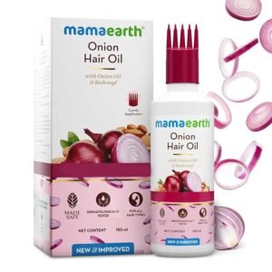 Mamaearth Onion Hair Oil 150ml – Natural anti hair fall oil with Redensyl that strengthens roots, reduces hair fall, and nourishes all hair types.