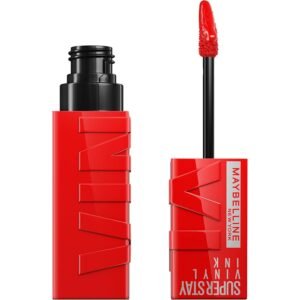 Maybelline Super Stay Vinyl Ink Liquid Lipstick Red Hot – Long-lasting glossy liquid lipstick with intense red color and shine.