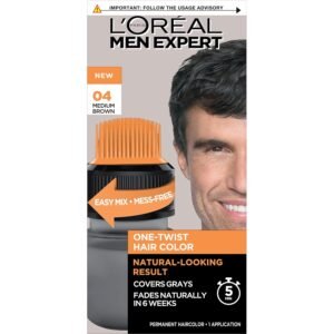 L’Oréal Paris Men Expert One Twist Hair Color Medium Brown 04 – Ammonia-free men’s hair dye for easy gray coverage.