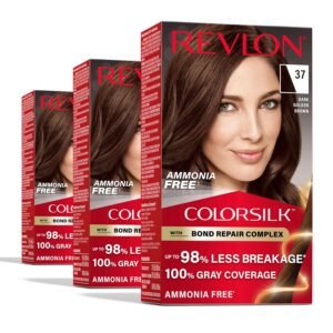 Revlon ColorSilk 37 Dark Golden Brown Hair Color – Ammonia-free dye with bond repair for rich brown shade and full gray coverage.