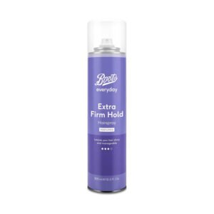 Boots Everyday Extra Firm Hold Hairspray Perfumed Purple 300ml – Strong hold hairspray that keeps hairstyle in place with a pleasant fragrance.
