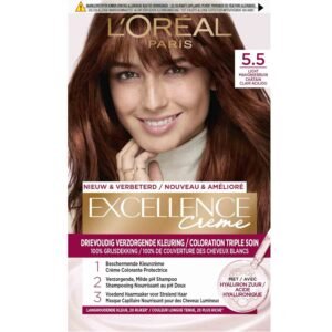L’Oreal Paris Excellence Hair Color 5.5 Light Mahogany Brown – Permanent hair dye with soft mahogany tones for radiant color, full grey coverage, and silky smooth hair.