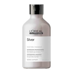L’Oréal Professionnel Serie Expert Silver Shampoo 300ml – Purple shampoo that neutralizes yellow tones, brightens blonde, grey, and silver hair, and adds shine and smoothness.