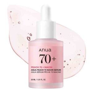 Anua Peach 70% Niacinamide Serum 30ml – Brightening serum with 70% peach extract and niacinamide to improve skin tone, reduce dark spots, and hydrate for a radiant glow.