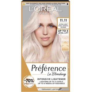 L’Oreal Preference 11.11 Ultra Light Cool Crystal Blonde Hair Dye – Permanent hair color with cool-toned pigments for icy blonde results and long-lasting shine.