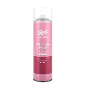 Boots Everyday Ultimate Hold Hairspray Perfumed Pink 300ml – Strong long-lasting hairspray that locks hairstyle with a fresh fragrance.