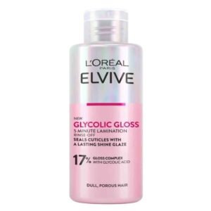 L’Oréal Elvive Glycolic Gloss 5 Minute Lamination Treatment 200ml – Rinse-off treatment for dull hair with 17% gloss complex for silky, shiny results.
