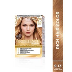 L’Oréal Excellence Hair Color 9.13 Golden Blonde – Permanent hair dye with radiant golden blonde tones, full grey coverage, and long-lasting shine for smooth, healthy-looking hair.