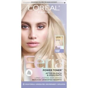 L’Oreal Paris Feria Anti Brass Ice Blonde Hair Toner – ammonia-free demi permanent toner for removing brassiness and achieving cool blonde tone.