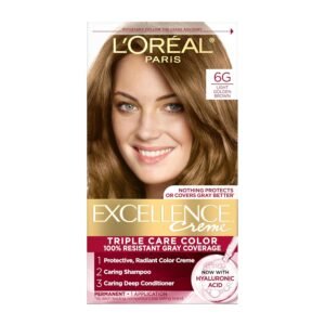 L'Oreal Paris Excellence Creme Hair Color 6G Light Golden Brown – permanent hair dye with hyaluronic acid for grey coverage and shiny, nourished hair.