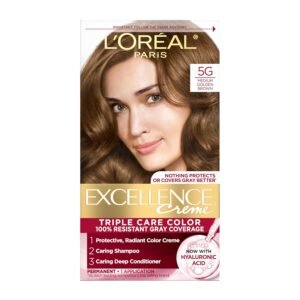 L'Oreal Paris Excellence Creme Hair Color 5G Medium Golden Brown – long-lasting permanent hair dye with triple care formula for grey coverage and shiny hair.