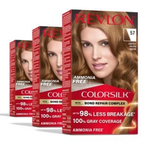 Revlon ColorSilk 57 Lightest Golden Brown – ammonia-free hair color with bond repair and 100% grey coverage for soft golden brown hair.