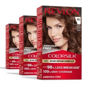 Revlon ColorSilk 46 Medium Golden Chestnut Brown – ammonia-free permanent hair color with bond repair and 100% grey coverage.