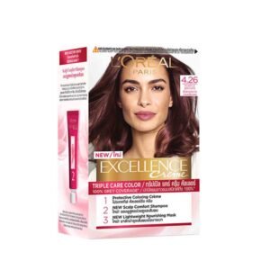 L’Oreal Paris Excellence Creme Hair Color 4.26 Purple Brown – permanent hair dye for rich purple brown shade with full grey coverage.