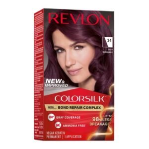 Revlon ColorSilk Hair Color 34 Deep Burgundy – rich burgundy permanent hair dye with 100% gray coverage and ammonia-free formula.