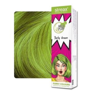 Streax Professional Hold & Play Funky Hair Color Perky Green 100gm – temporary green hair color wax with styling hold, shine, and easy wash-out formula.