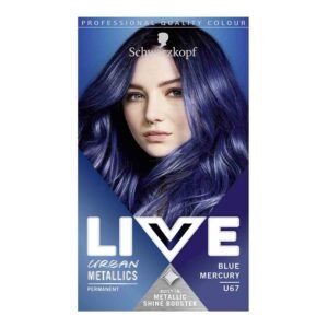 Schwarzkopf LIVE Urban Metallics Blue Mercury U67 – vibrant metallic blue permanent hair dye with coconut oil for shiny, long-lasting color.